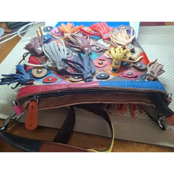 Leather Multicolored Fringe Crossbody 9"x9" NWOT - Picture 6 of 11